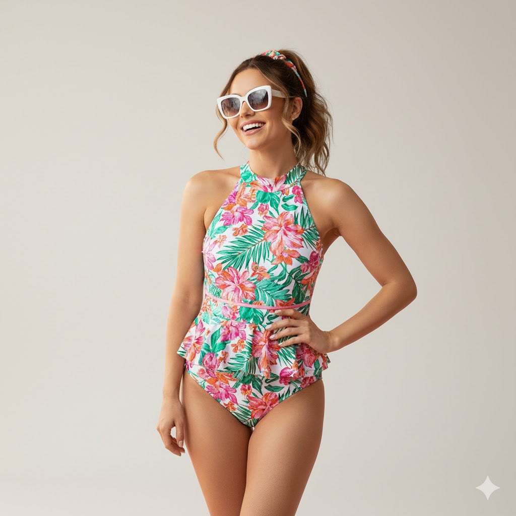 Bright tropical print peplum one-piece swimsuit with white sunglasses.
